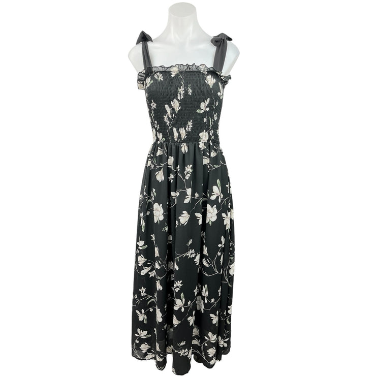 Shein Black Floral Ruffle Bow Strap Smocked Sleeveless Maxi A Line Dress Size 4