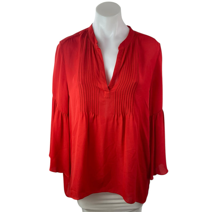 Tangerine Women's Red 100% Silk Long Sleeve Pintuck Babydoll Blouse Top Size M