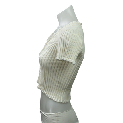 Isalis Women's Cream Short Sleeve Ribbed Knit Ruffle Cardigan Crop Top Size S