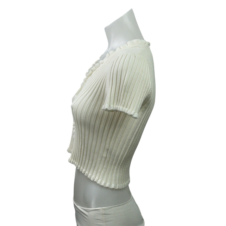 Isalis Women's Cream Short Sleeve Ribbed Knit Ruffle Cardigan Crop Top Size S