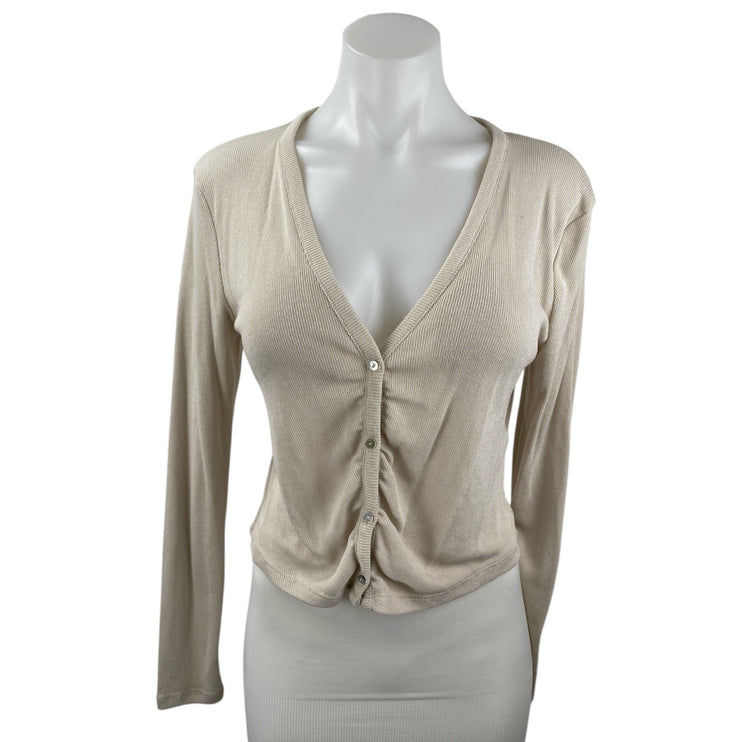 Zara Women's Beige Ribbed Knit V Neck Long Sleeve Button Up Cardigan Top Size S