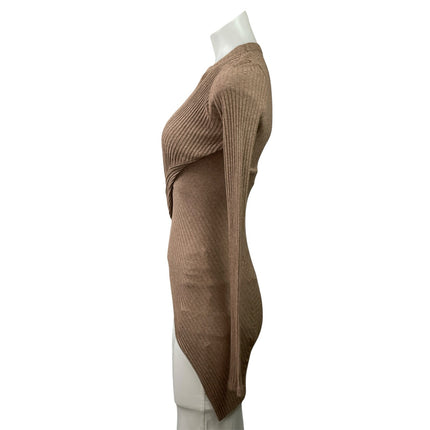Alix NYC Beige Ribbed Knit Long Sleeve Twist Front Asymmetric Blouse Top Size S