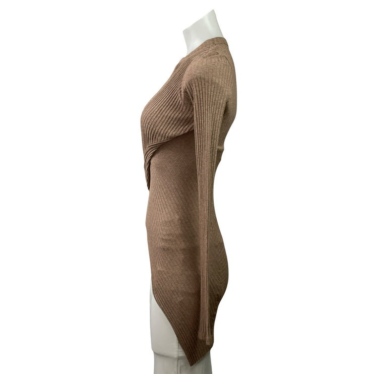 Alix NYC Beige Ribbed Knit Long Sleeve Twist Front Asymmetric Blouse Top Size S