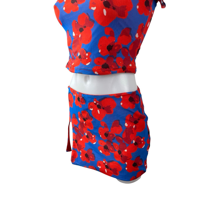 Princess Polly Blue Red Floral Short Sleeve Crop Top Slit Mini Skirt 2 Pc Set 4