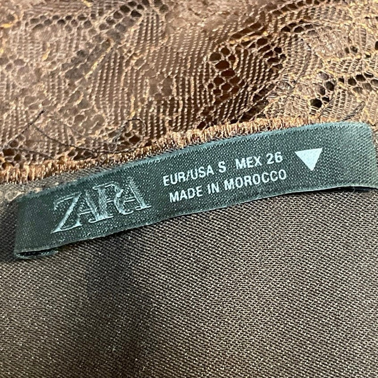 Zara Women's Brown Satin Lace Trim Sleeveless V Neck Lingerie Cami Tank Top Sz S