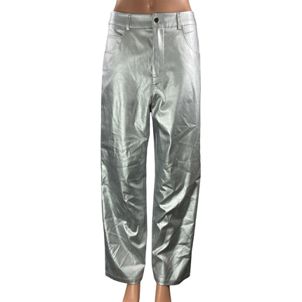 Commense Women's Silver Metallic High Rise Baggy Wide Leg Trousers Pants Size M