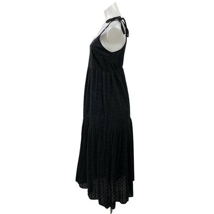 Topshop Black Embroidered Eyelet Tie Strap Sleeveless A Line Midi Dress Size 4