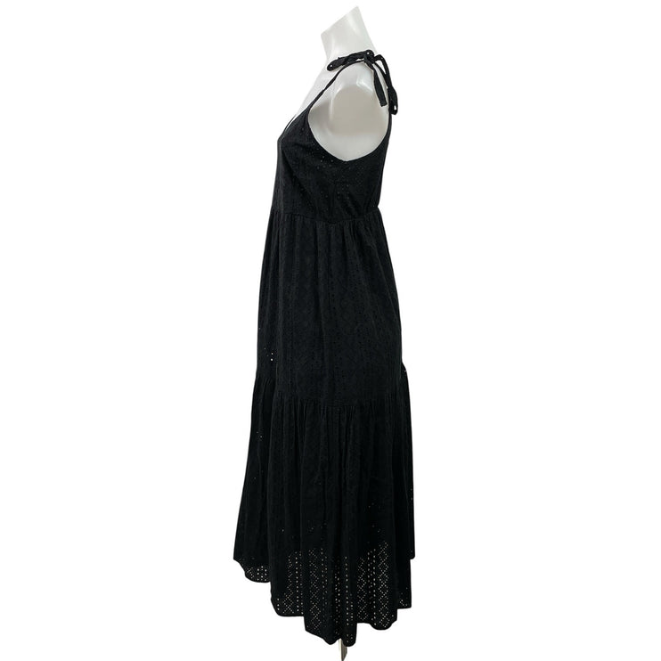 Topshop Black Embroidered Eyelet Tie Strap Sleeveless A Line Midi Dress Size 4