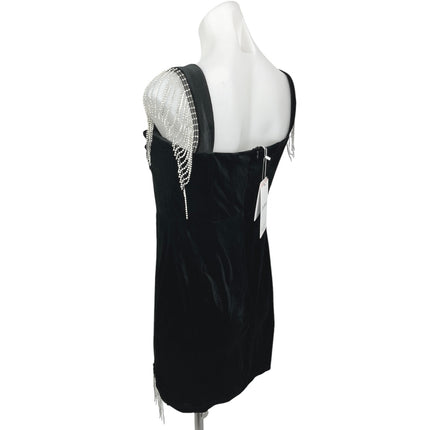 NEW JJ's House Black Velour Velvet Jeweled Fringe Holiday Mini Bodycon Dress L