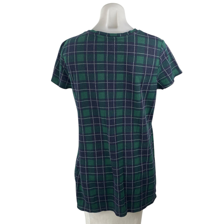 Zara Women's Green Plaid Short Sleeve Side Slit Crew Neck Blouse Top Size M