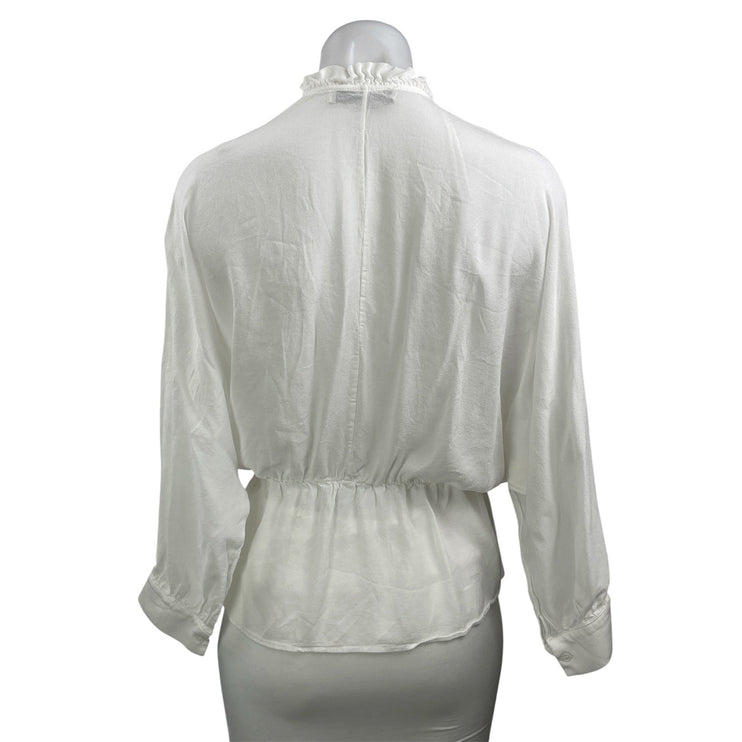 Zara Women's White Long Sleeve Ruffle V Neck Tie Peplum Wrap Blouse Top Size S