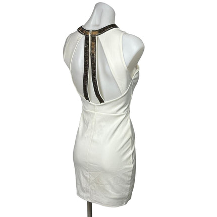 H&M White Gold Beaded Neck Formal Cocktail Bodycon Sheath Mini Dress S Brie H&M White Gold Beaded Neck Formal Cocktail Bodycon Sheath Mini Dress S Brie