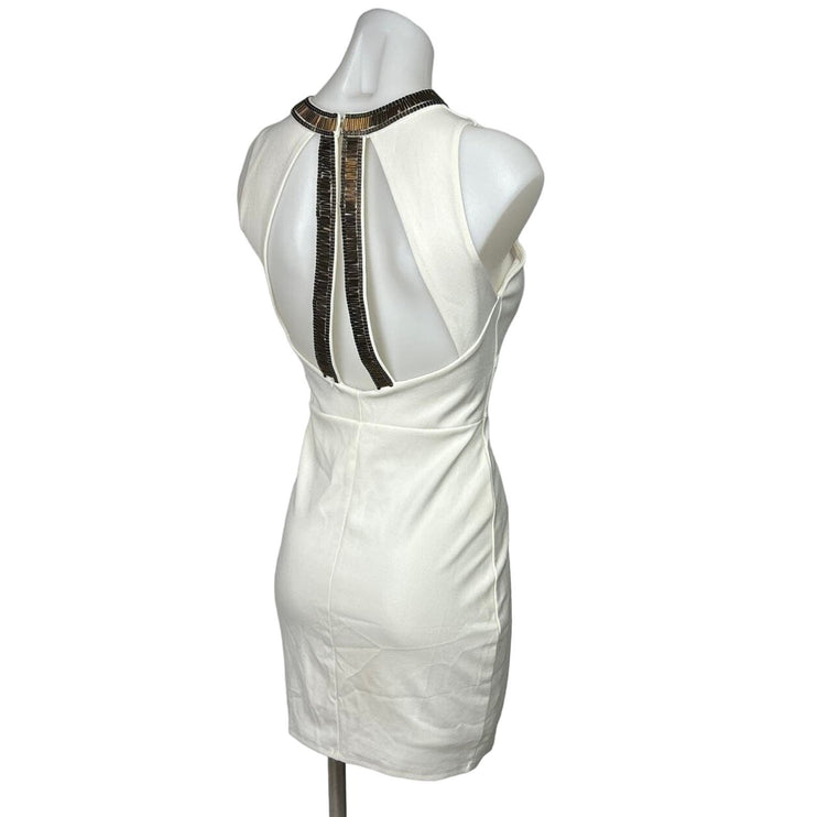 H&M White Gold Beaded Neck Formal Cocktail Bodycon Sheath Mini Dress Size S