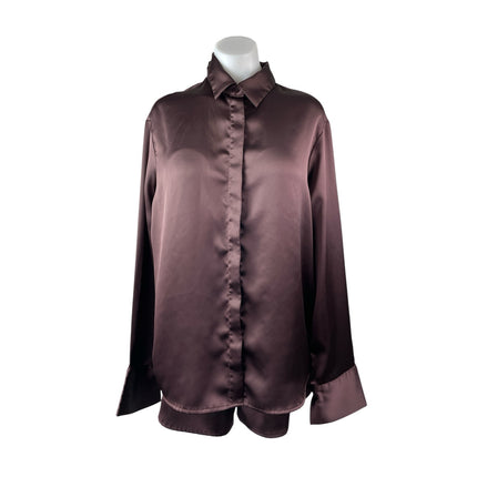 Meshki Women's Black Silk Satin Long Sleeve Button Down Pajama Shorts Set XS/S