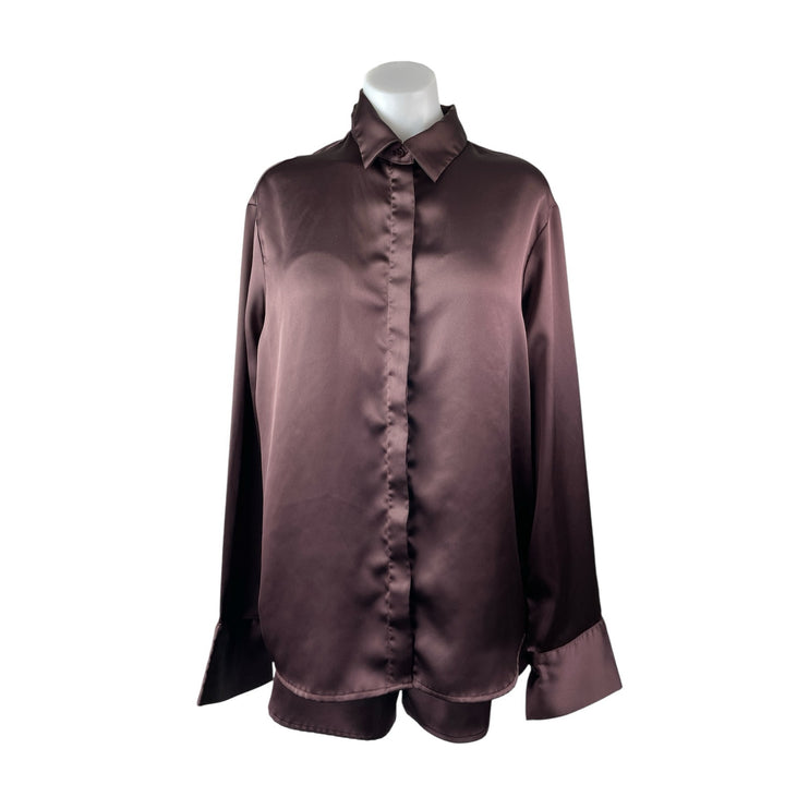 Meshki Women's Black Silk Satin Long Sleeve Button Down Pajama Shorts Set XS/S