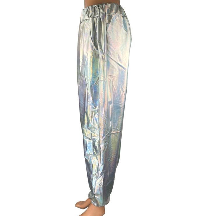 Women's Silver Metallic Irredescent Glossy Tapered High Waist Jogger Pants 2XL