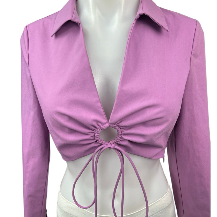 Zara Purple Tie Front Collared Polo V Neck Long Sleeve Crop Shirt Top Size XS