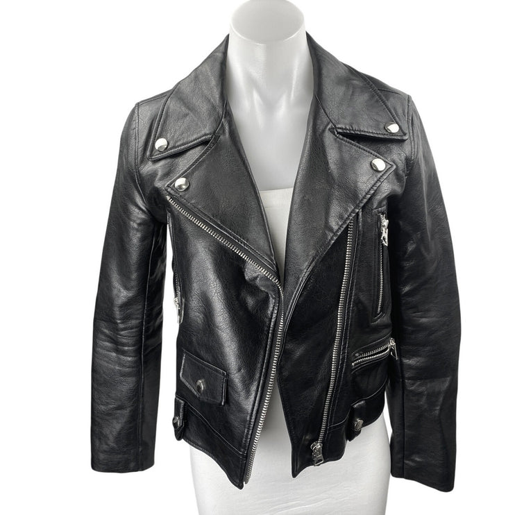 Sleek Chic Black Faux Vegan Leather Asymmetric Zip Long Sleeve Moto Jacket Sz S