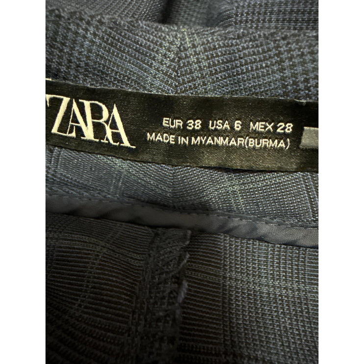 Zara Women's Blue Plaid Checkered Straight Leg Mid Rise Trousers Dress Pants 6