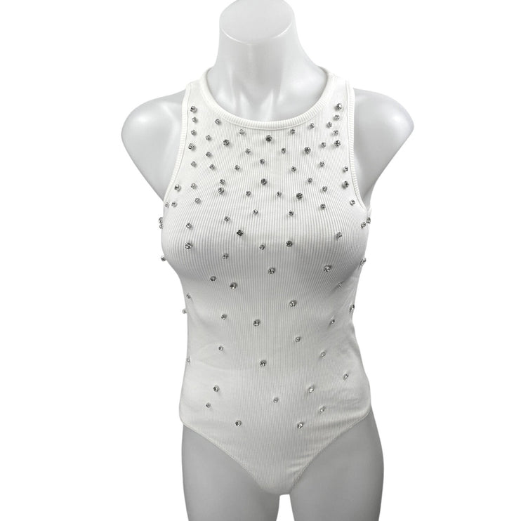 Zara White Rhinestone High Neck Beaded Sleeveless Knit Tank Bodysuit Top Size S