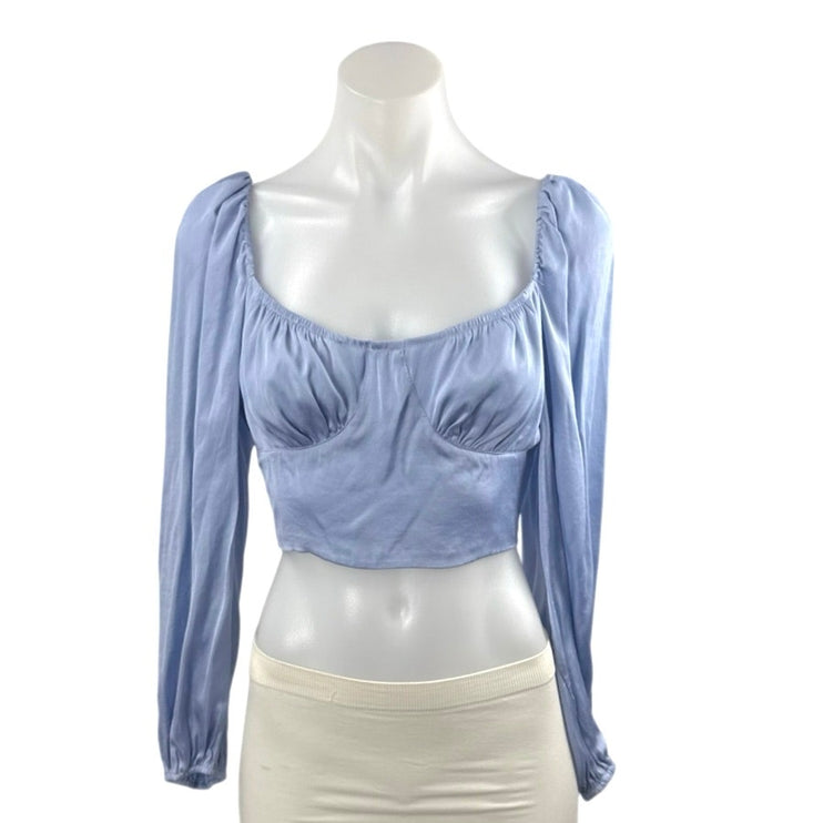 Isalis Women's Blue Long Sleeve Bustier Corset Tie Back Crop Blouse Top Size S