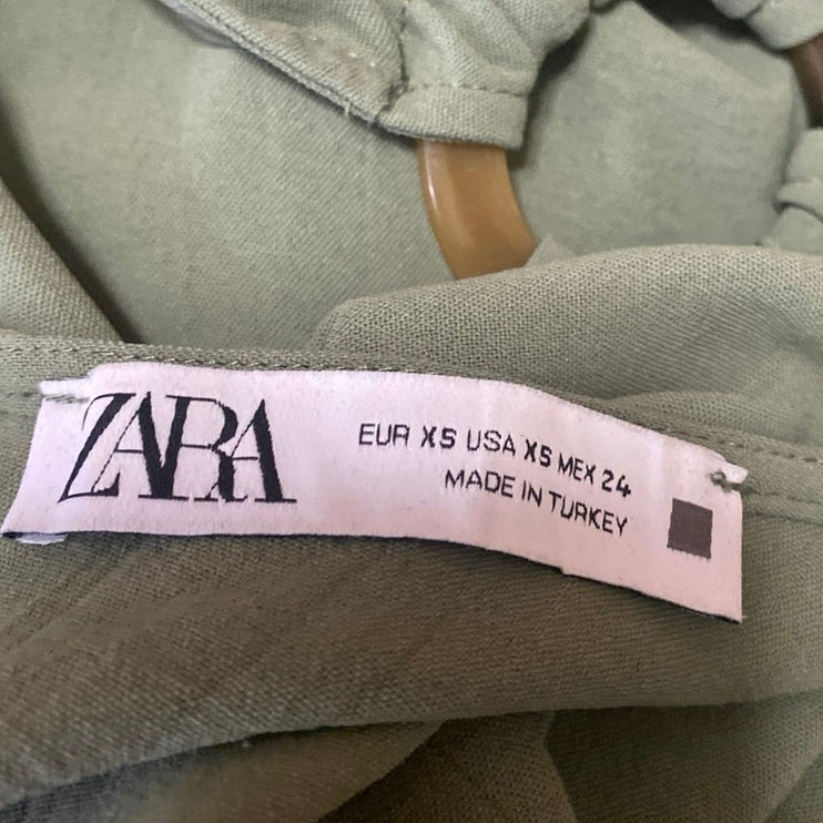 Zara Green Short Puff Sleeve Cutout Waist Crew Neck Maxi A Line Dress Size XS
