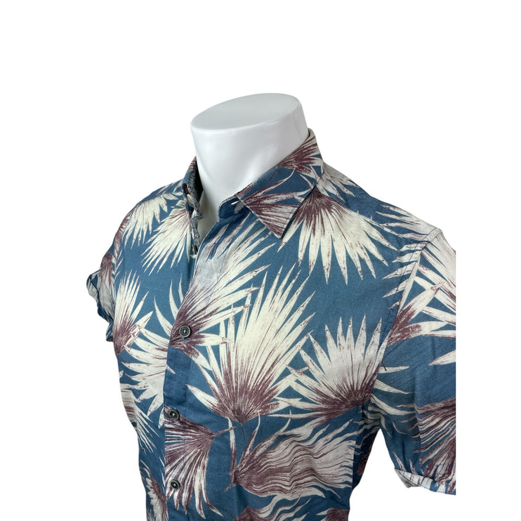 Ted Baker Men's Blue Leaf Hawaiian Short Sleeve Button Down Shirt Top Size M