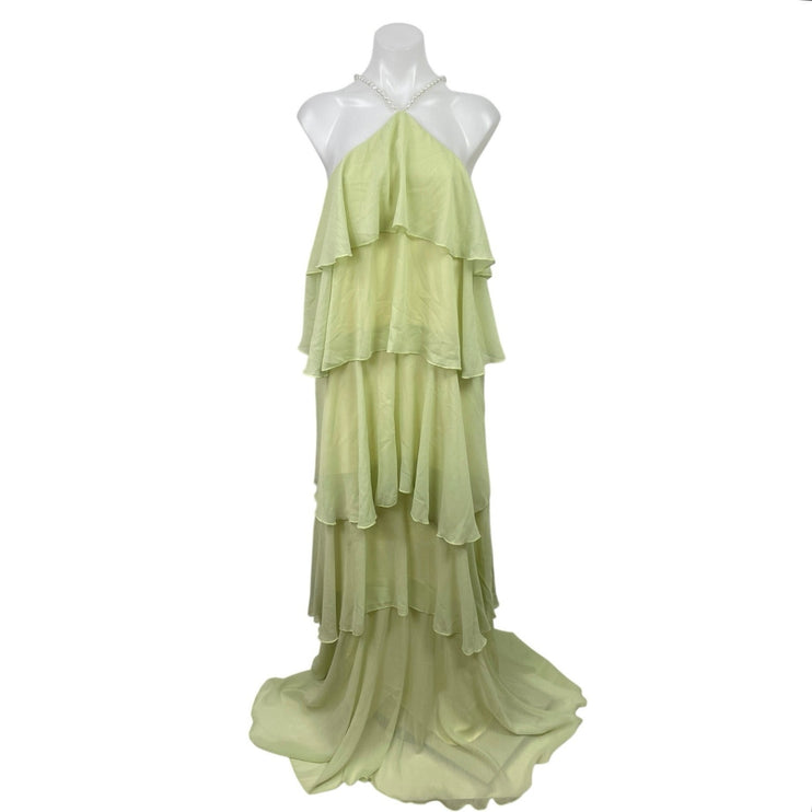 NEW Loveless Mother Of Pearl Yellow Halter Maxi Tiered Flared A-Line Dress  Sz L