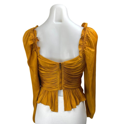 House Of Harlow 1960 Gold Satin Ruched Long Sleeve Peplum Crop Blouse Top Sz XS