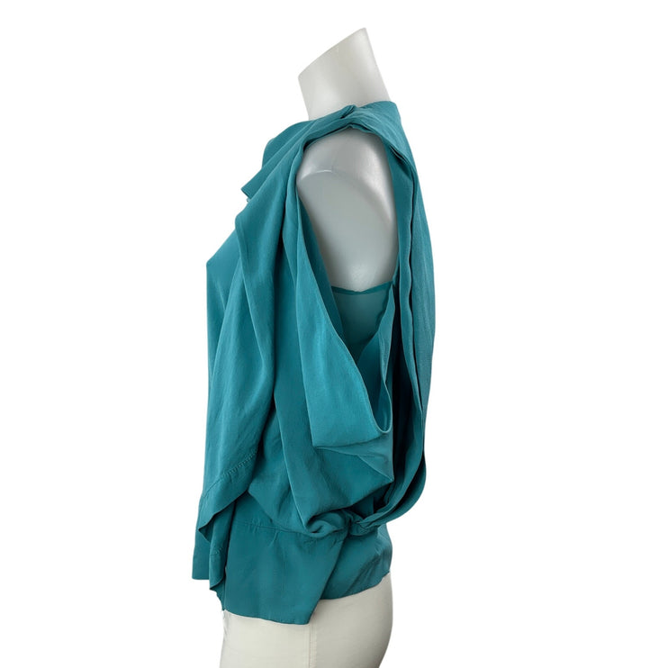 Diane Von Furstenberg Women Teal 100% Silk Cold Shoulder Drape Blouse Top Size 8