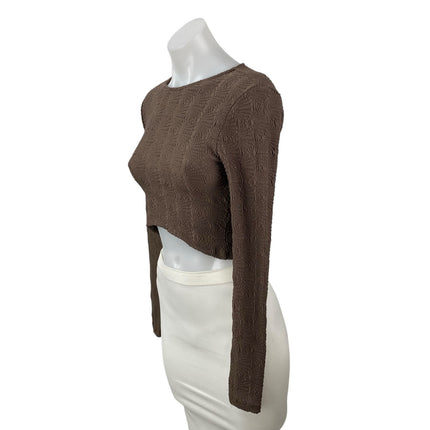 Zara Women's Brown Embossed Textured Long Sleeve Knit Round Neck Crop Top Size M