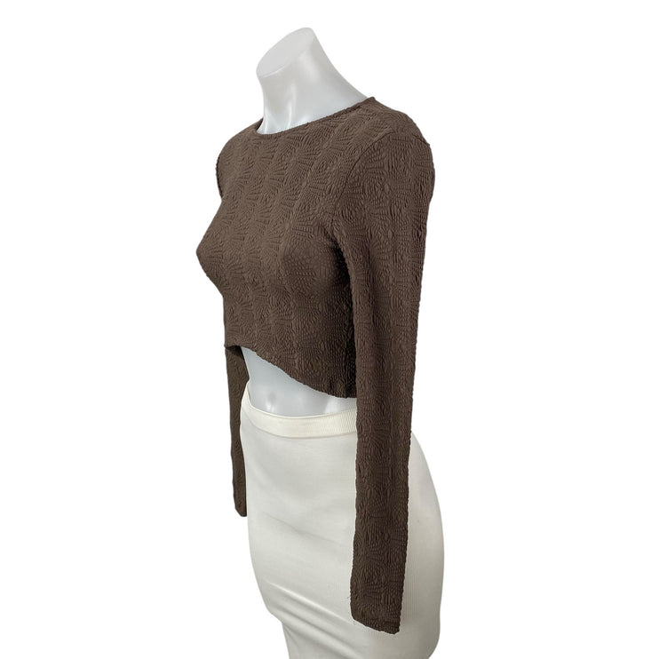 Zara Women's Brown Embossed Textured Long Sleeve Knit Round Neck Crop Top Size M