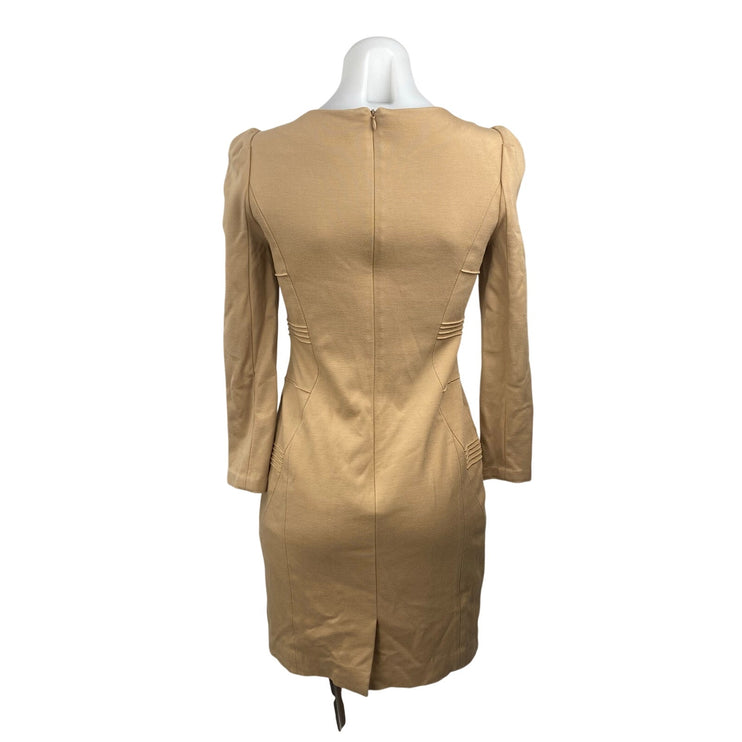 Lynn Beige Studded Seam Puff Shoulder Long Sleeve Mini Bodycon Sheath Dress Sz S