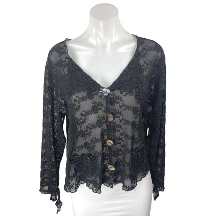 Women's Black Floral Lace Sheer Mesh Embroidered Button Up Blouse top Size OS