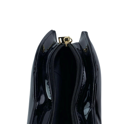 Black Patent Faux Leather Vegan Zip Chain Crossbody Lip Purse Clutch Bag OS