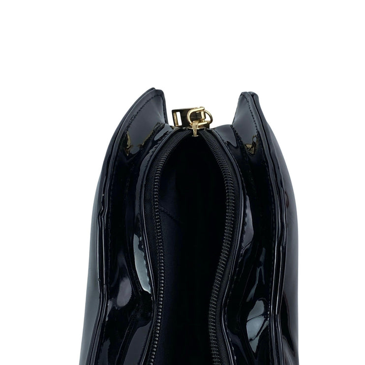 Black Patent Faux Leather Vegan Zip Chain Crossbody Lip Purse Clutch Bag OS