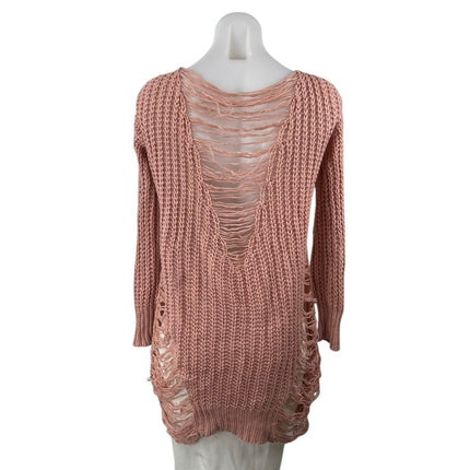 Fashion Nova Women's Pink Crochet Open Knit Long Sleeve Swim Coverup Tunic Top M