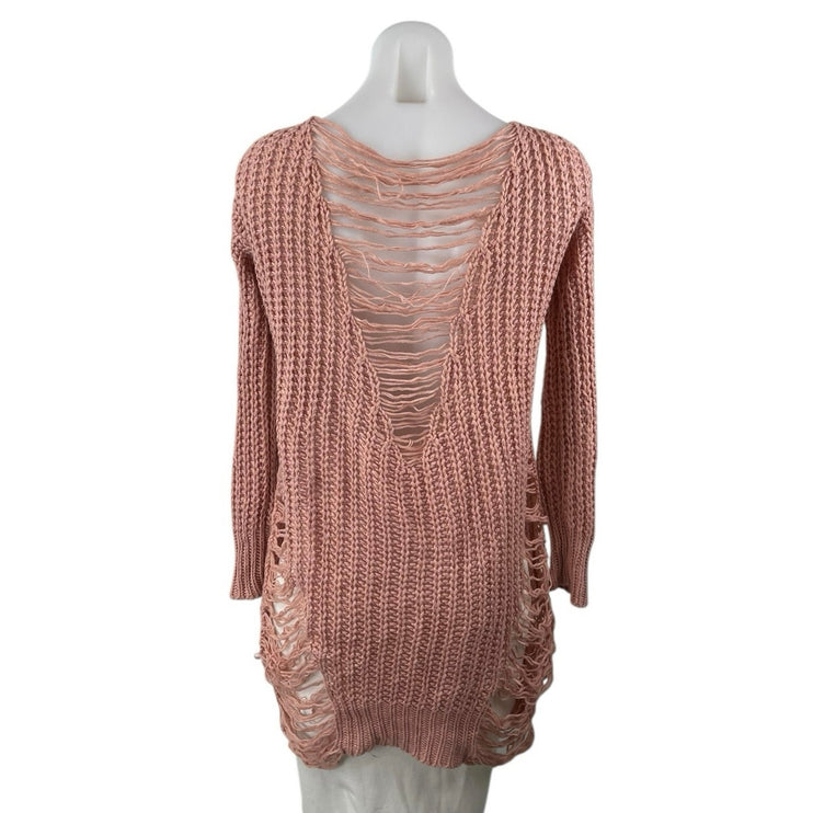 Fashion Nova Women's Pink Crochet Open Knit Long Sleeve Swim Coverup Tunic Top M