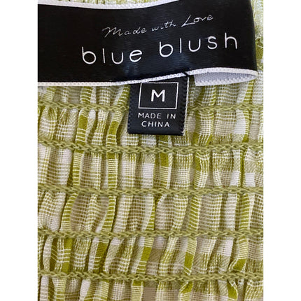 Blue Blush Women's Yellow Plaid Check Deep V Neck Puff Sleeve Crop Blouse Top M