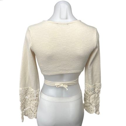 Zara Women's Cream Ecru Crochet Knit Boho Long Sleeve Cut Out Crop Top Size S