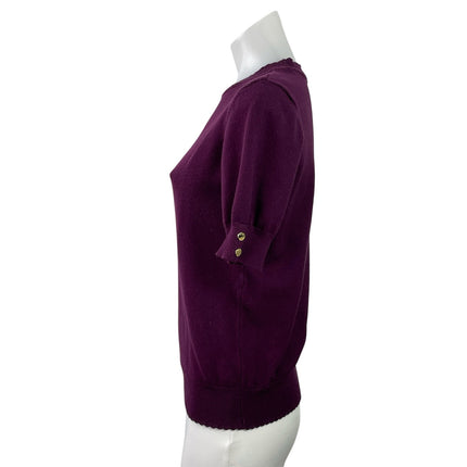 Anne Klein Women's Purple Short Sleeve Crew Neck Gold Button Sweater Top Size S