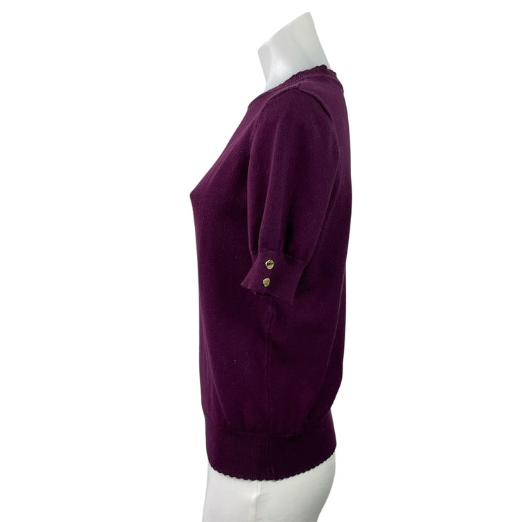 Anne Klein Women's Purple Short Sleeve Crew Neck Gold Button Sweater Top Size S