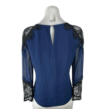 Alice + Olivia 100% Silk Sheer Mesh Lace Trim Pleated Long Sleeve Blouse Top SP