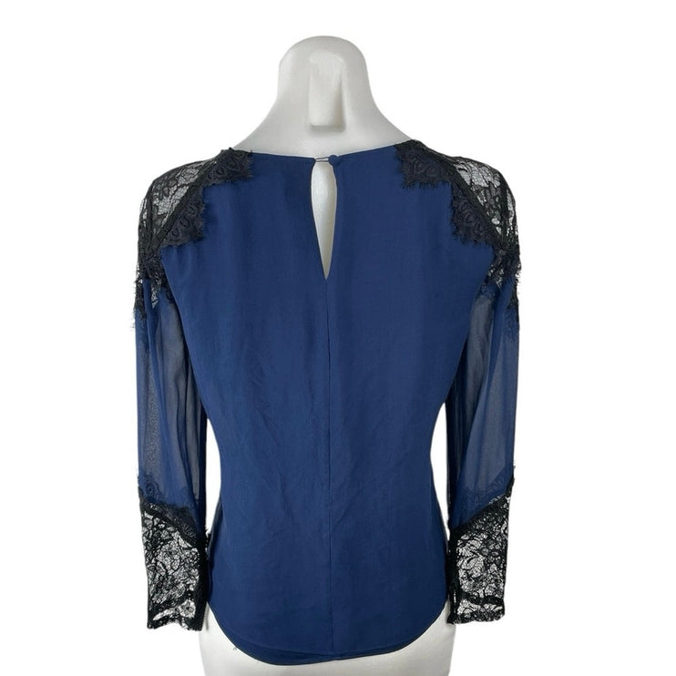 Alice + Olivia 100% Silk Sheer Mesh Lace Trim Pleated Long Sleeve Blouse Top SP
