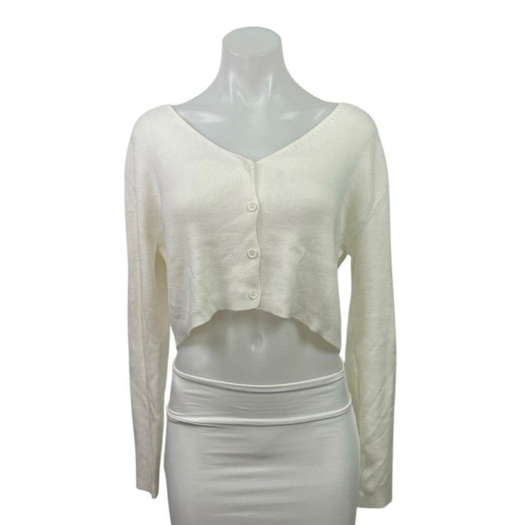 Brandy Melville Cream Ribbed Knit Long Sleeve Cropped Button Up Cardigan Sz S/M