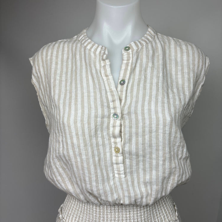 Rails White Beige Angelina Dune Stripe Linen Smocked Button Tiered Dress Size XS