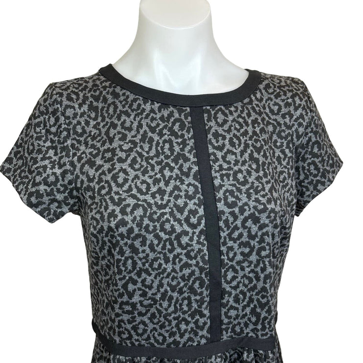 Ann Taylor LOFT Black Gray Leopard Animal Print Short Sleeve A Line Dress Size 8