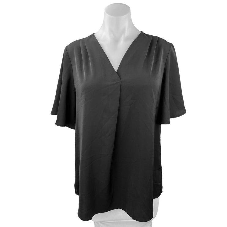 Timeson Black Chiffon V-Neck Flutter Sleeve Career Work Business Blouse Top Sz L