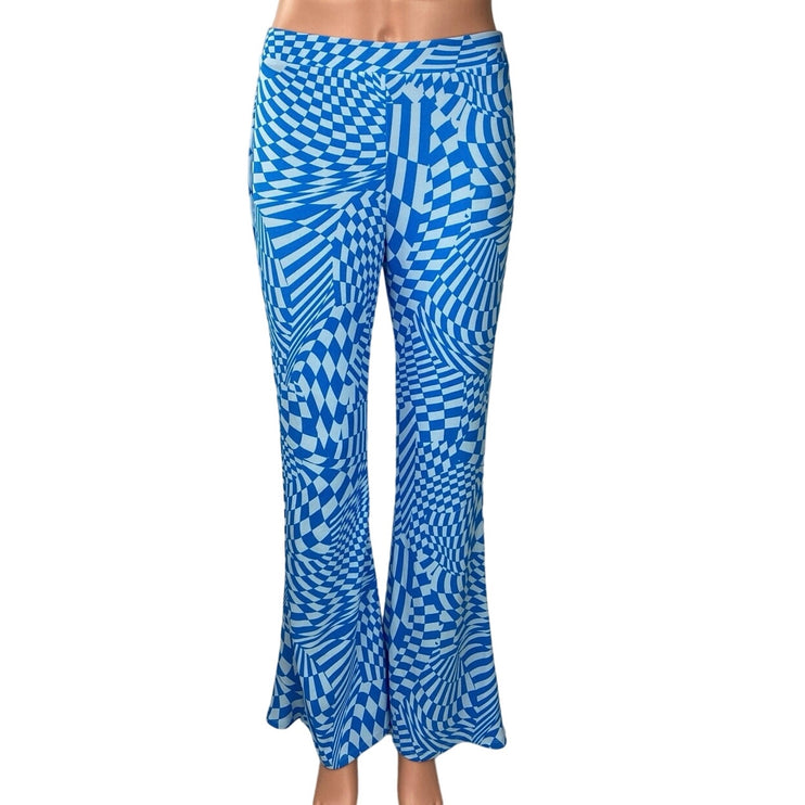 Wild Fable Blue Disco Checkered Flare Stretch High Rise Pull On Trouser Pant S