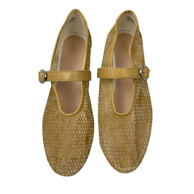 Aldo Gold Fishnet Round Toe Adjustable Buckle Strap Mary Jane Flats Shoes 8.5